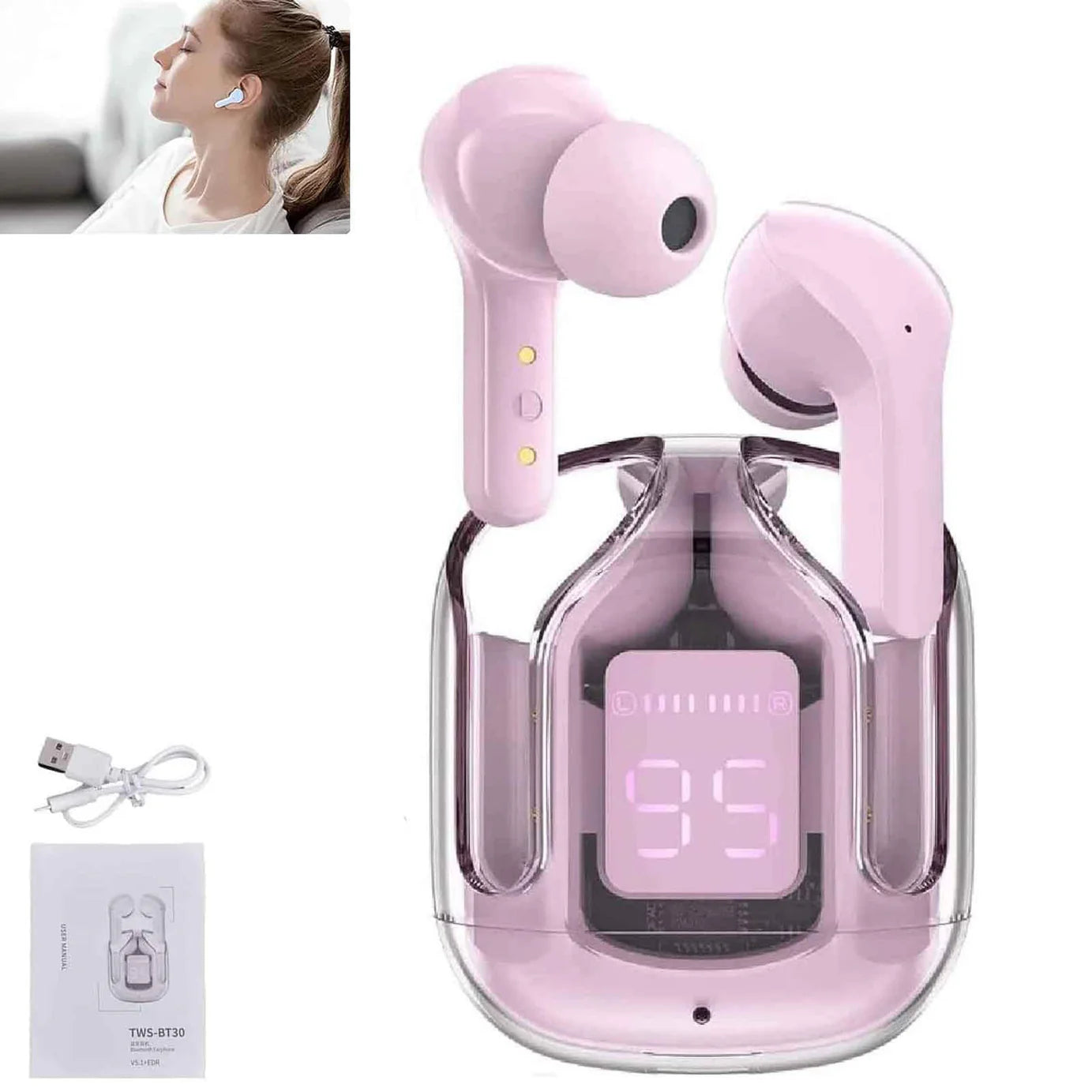Premium Air 31 Transparent Crystal Bluetooth Wireless Earbuds – Clear, Loud & Distortion-Free Sound Headset